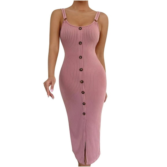 Uaswgudfs Sleeveless Knit Midi Dress for Women Summer 2025 – Casual Button-Front Sundress with Vertical Texture & Slit Hem Pink M