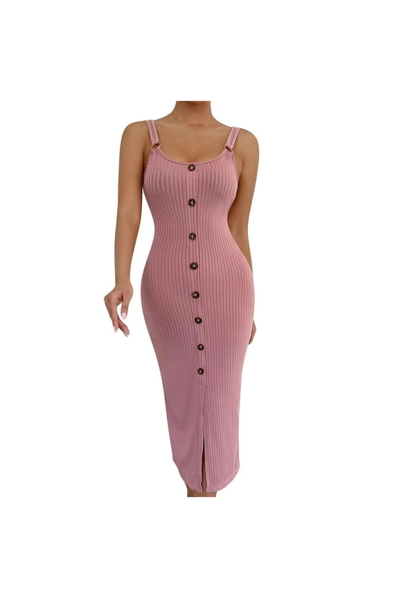 Sleeveless Knit Midi Dress for Women Summer 2025 – Casual Button-Front Sundress with Vertical Texture & Slit Hem Pink M