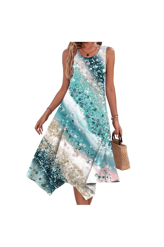 Sleeveless Marine Life Print Beach Sundress - Relaxed Fit Flow Summer Dresses for Women 2025 with Casual Midi Length & Functional Pockets​ Green-B XL