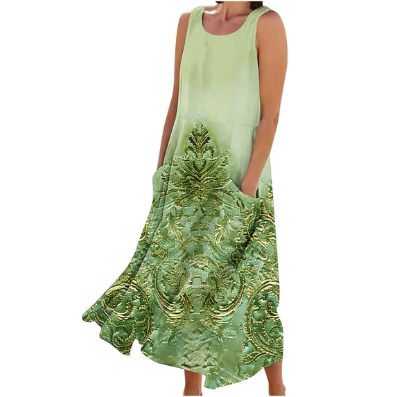 Uaswgudfs Sleeveless Maxi Summer Dresses for Women 2025 with Ornate Hem & Side Pockets – Casual Beach Sundress for Women Yellow XL