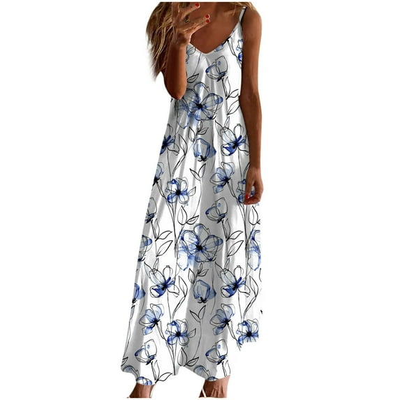 Uaswgudfs Sleeveless Midi Sundress - Casual Summer Dress for Women 2025 with V-Neck & Lightweight Flow Blue-J S