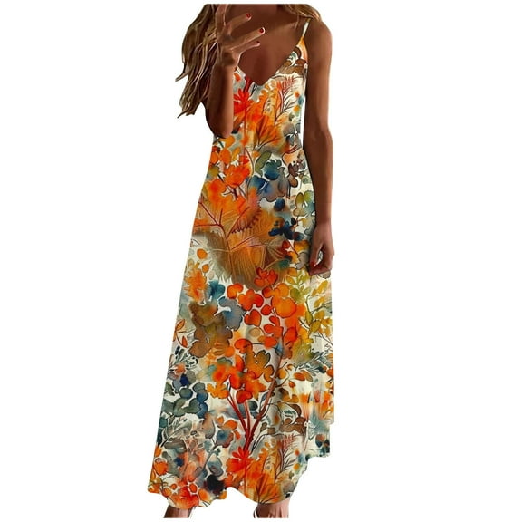 Uaswgudfs Sleeveless Midi Sundress - Casual Summer Dress for Women 2025 with V-Neck & Lightweight Flow Orange-A M