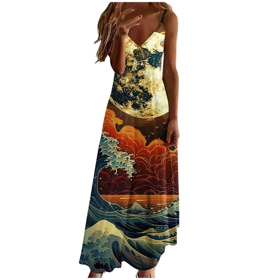 Uaswgudfs ​Sleeveless Midi Sundress - Casual Summer Dress for Women 2025 with V-Neck & Lightweight Flow Orange L