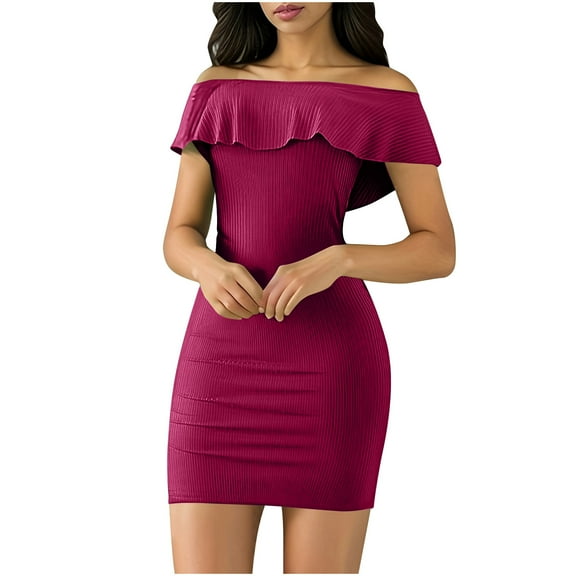 Uaswgudfs ​Sleeveless Off-Shoulder Midi Sundress - Summer Dresses for Women 2025 Casual Ribbed Dress with Ruffled Neckline Detail Wine XXXL