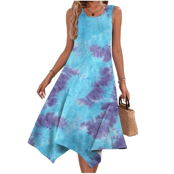 Uaswgudfs ​Sleeveless Relaxed Fit Casual Dress with Floral Accents & Asymmetric Hem - Summer Sundress for Women 2025 Blue-A M