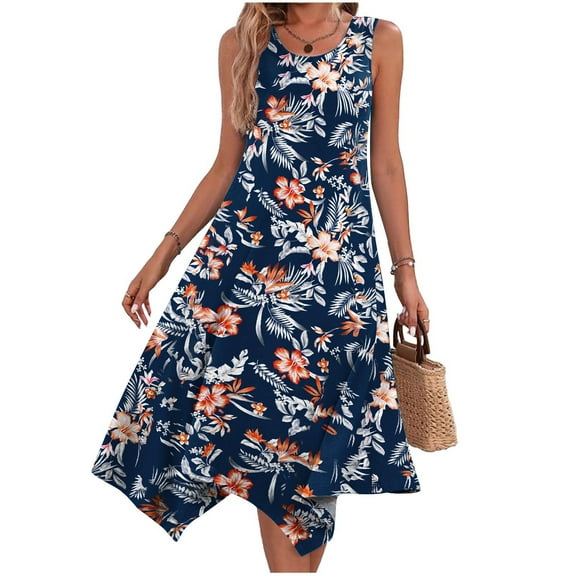 Uaswgudfs ​Sleeveless Relaxed Fit Casual Dress with Floral Accents & Asymmetric Hem - Summer Sundress for Women 2025 Navy 2XL