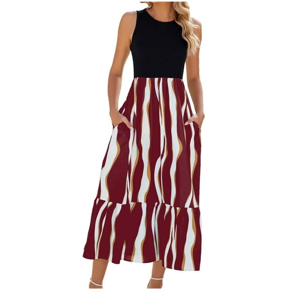 Uaswgudfs ​Sleeveless Round Neck Striped Layered Hem Sundress - Lightweight Flowy Casual Summer Dresses for Women 2025 Red S
