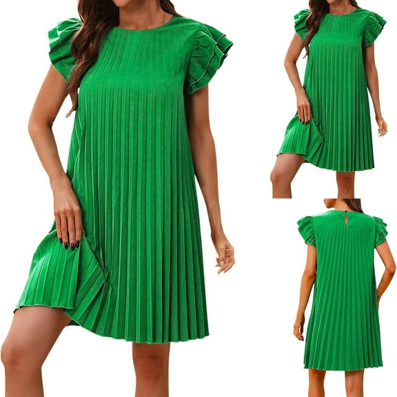 Uaswgudfs Sleeveless Ruched Midi Dress with Flutter Sleeves - Casual Summer Dresses for Women 2025 in Lightweight Flowy Fabric Green S