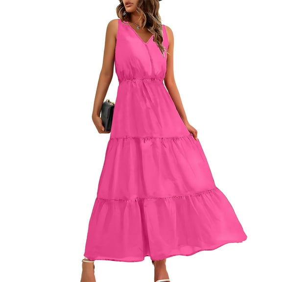 Uaswgudfs Sleeveless Summer Dresses 2025: V-Neck Tiered Midi Sundress - Flowy Silhouette & Breathable Fabric for Casual Beach Gatherings & Summer Parties​ Hot Pink L