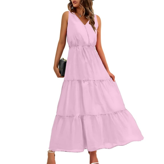 Uaswgudfs Sleeveless Summer Dresses 2025: V-Neck Tiered Midi Sundress - Flowy Silhouette & Breathable Fabric for Casual Beach Gatherings & Summer Parties​ Pink M