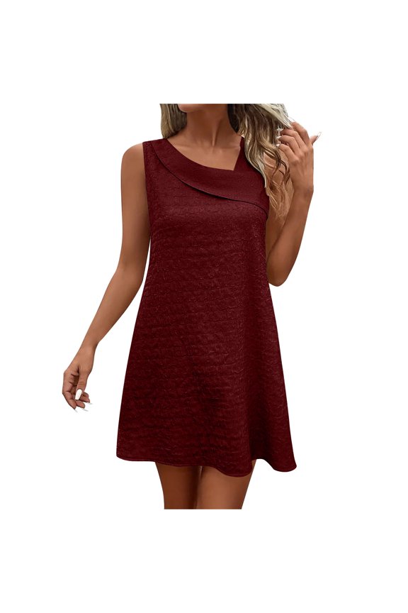 ​Sleeveless Summer Dresses for Women 2025: Elegant A-Line with Asymmetric Neckline & Textured Fabric - Casual Chic Sundress for Modern Style Brown L