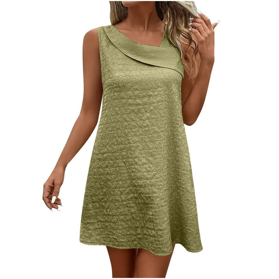 Uaswgudfs Sleeveless Summer Dresses for Women 2025: Elegant A-Line with Asymmetric Neckline & Textured Fabric - Casual Chic Sundress for Modern Style Green XL