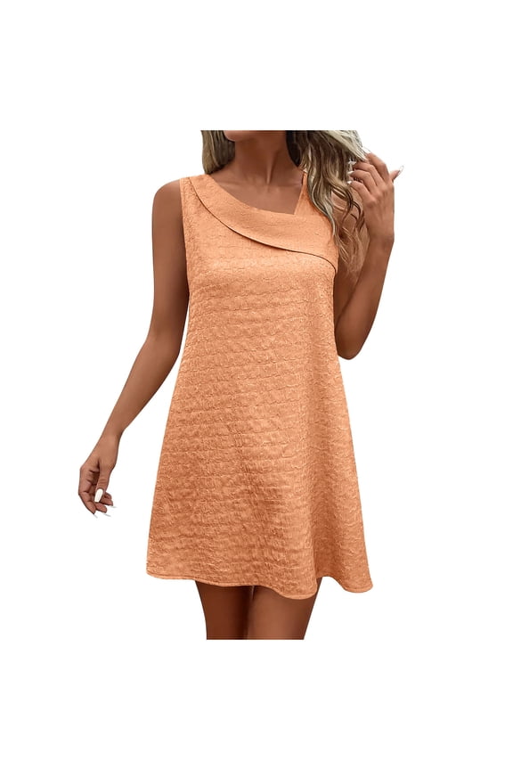 ​Sleeveless Summer Dresses for Women 2025: Elegant A-Line with Asymmetric Neckline & Textured Fabric - Casual Chic Sundress for Modern Style Orange S