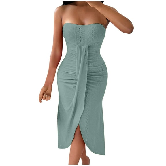 Uaswgudfs Sleeveless Summer Dresses for Women 2025: Strapless Ruched Midi Dress with Thigh Split & Soft Fabric - Elegant Yet Casual Sundress for Evening Events Gray S