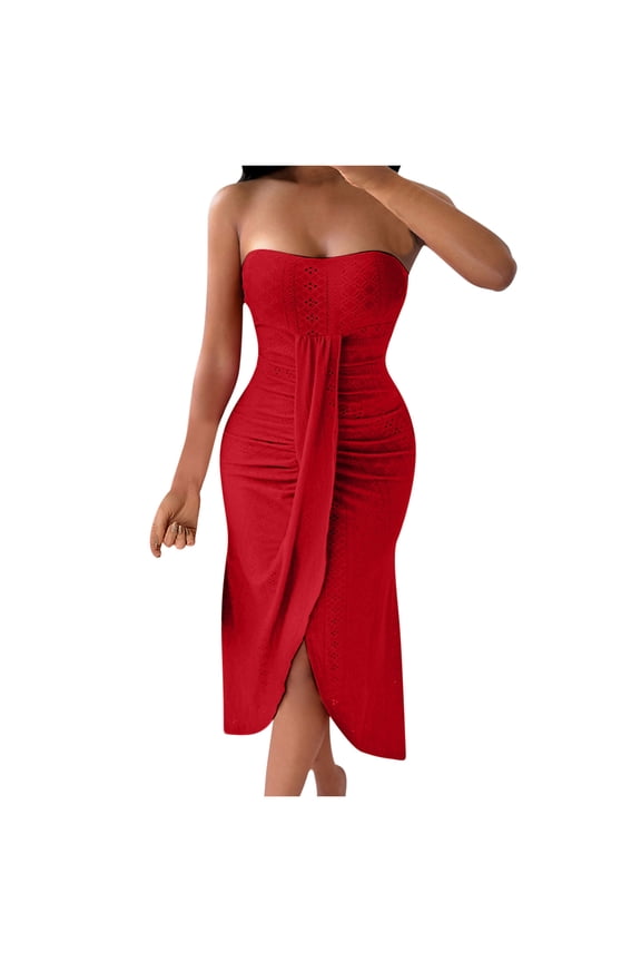 Sleeveless Summer Dresses for Women 2025: Strapless Ruched Midi Dress with Thigh Split & Soft Fabric - Elegant Yet Casual Sundress for Evening Events Red XXL