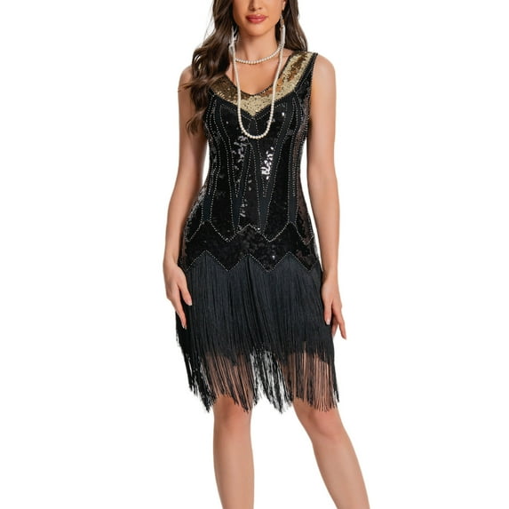 Uaswgudfs Sleeveless Summer Dresses for Women 2025: Vintage-Inspired Sequin Midi with Fringe Hem & Glossy Fabric - Casual Sundress for Parties or Evening Glamour​ Black L