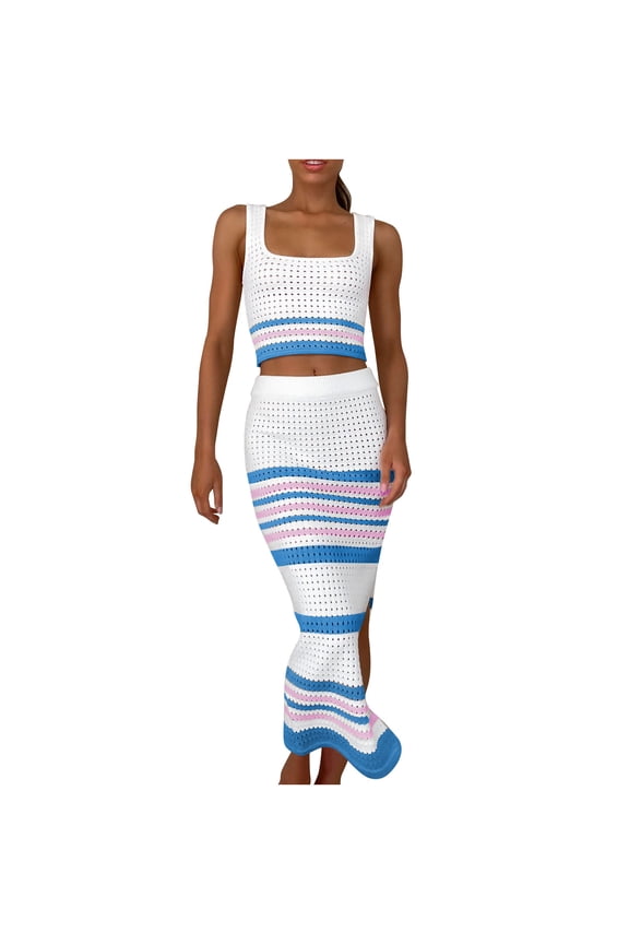Sleeveless Summer Dresses for Women 2025 Crochet Two-Piece Sundress – Horizontal Stripes & Ankle Skirt | Casual Beachwear Blue M