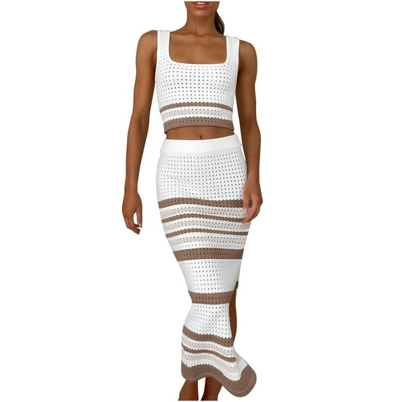 Uaswgudfs Sleeveless Summer Dresses for Women 2025 Crochet Two-Piece Sundress – Horizontal Stripes & Ankle Skirt | Casual Beachwear Khaki S