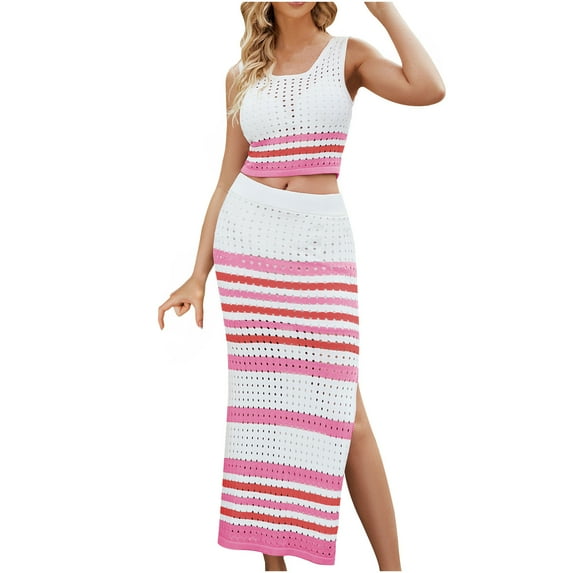 Uaswgudfs Sleeveless Summer Dresses for Women 2025 Crochet Two-Piece Sundress – Horizontal Stripes & Ankle Skirt | Casual Beachwear Pink S