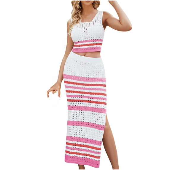 Uaswgudfs Sleeveless Summer Dresses for Women 2025 Crochet Two-Piece Sundress – Horizontal Stripes & Ankle Skirt | Casual Beachwear Pink XL