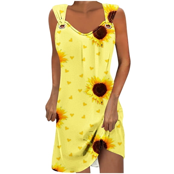 Uaswgudfs Sleeveless Sunflower & Heart Accent Midi Dress - Summer Dresses for Women 2025 Casual Sundress with Stretch Fabric & Buckle Strap Detail Yellow M