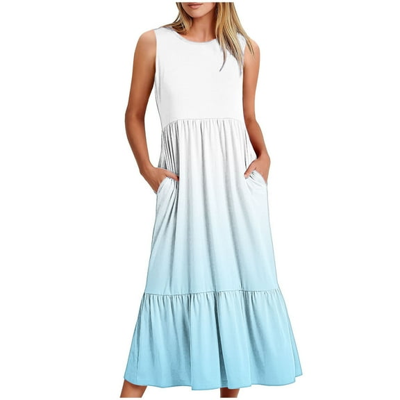 Uaswgudfs ​Sleeveless Tiered Ruffle Midi Dress - Elegant Casual Summer Dresses for Women 2025 with Front Pockets & Flowy Fit Light Blue XL