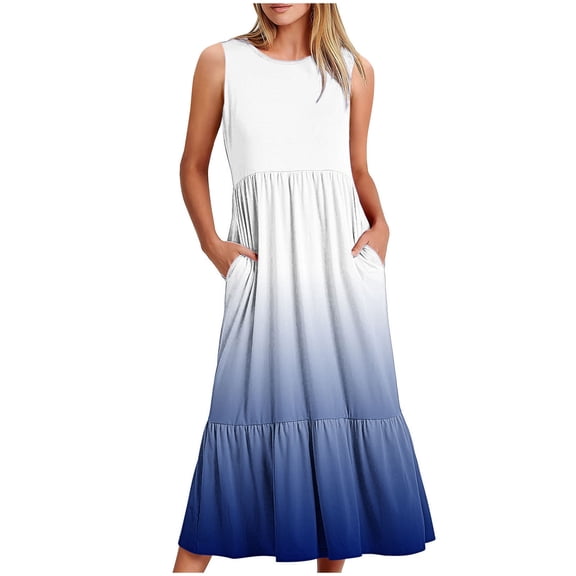 Uaswgudfs Sleeveless Tiered Ruffle Midi Dress - Elegant Casual Summer Dresses for Women 2025 with Front Pockets & Flowy Fit Navy L