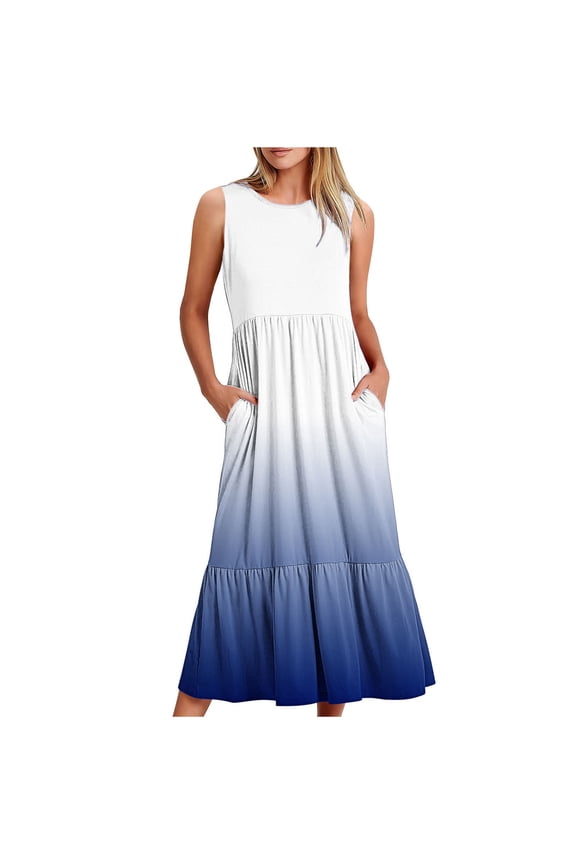 Sleeveless Tiered Ruffle Midi Dress - Elegant Casual Summer Dresses for Women 2025 with Front Pockets & Flowy Fit Navy L