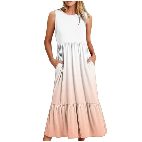 Uaswgudfs ​Sleeveless Tiered Ruffle Midi Dress - Elegant Casual Summer Dresses for Women 2025 with Front Pockets & Flowy Fit Orange XL