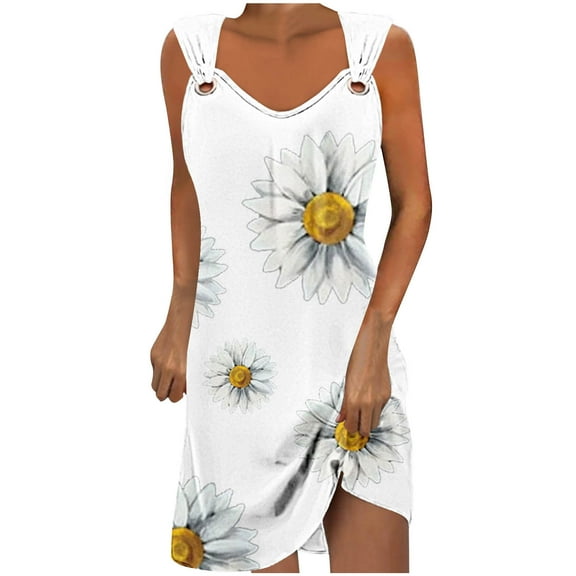 Uaswgudfs Sleeveless V-Neck Adjustable Straps Fitted Sundress - Summer Dresses for Women 2025 Casual Midi Dress with Asymmetrical Hem White L