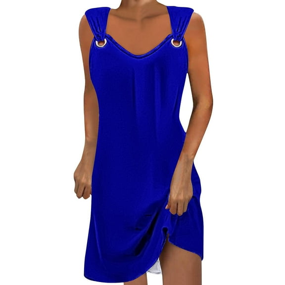 Uaswgudfs ​Sleeveless V-Neck Adjustable Straps Sundress - Summer Dresses for Women 2025 Casual Midi Dress with Asymmetrical Hem Blue S