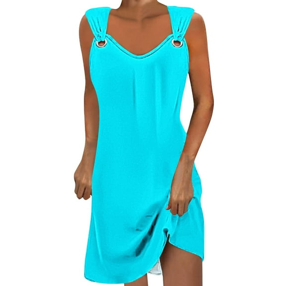 Uaswgudfs ​Sleeveless V-Neck Adjustable Straps Sundress - Summer Dresses for Women 2025 Casual Midi Dress with Asymmetrical Hem Light Blue M