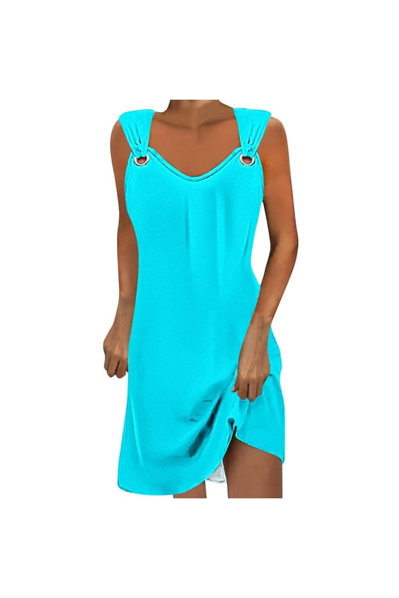 Sleeveless V-Neck Adjustable Straps Sundress - Summer Dresses for Women 2025 Casual Midi Dress with Asymmetrical Hem Light Blue M