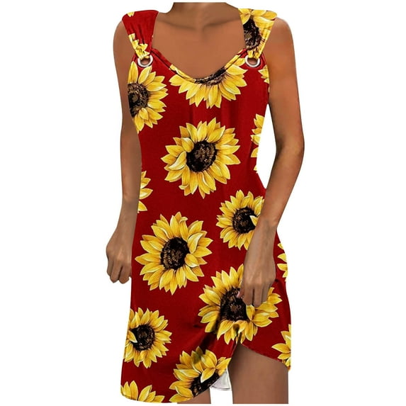Uaswgudfs Sleeveless V-Neck Asymmetric Hem Midi Dress - Summer Dresses for Women 2025 Casual Sundress with Ring Strap & Sunflower Print Red L