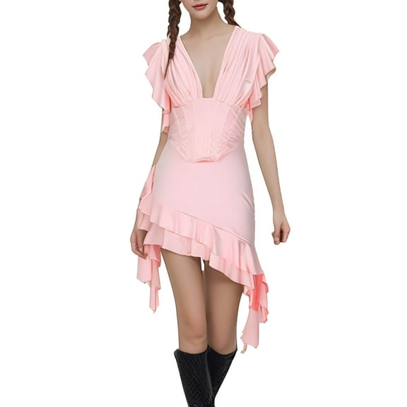 Uaswgudfs ​Sleeveless V-Neck Asymmetrical Midi Sundress - Summer Dresses for Women 2025 Casual Dress with Chic Ruffle Accents & Fitted Silhouette Pink L