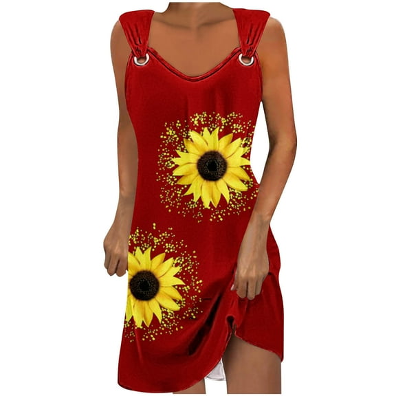 Uaswgudfs Sleeveless V-Neck Fitted Sundress - Summer Dresses for Women 2025 Casual Midi Dress with Sunflower Motifs & Side Slit Red L