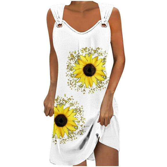 Uaswgudfs ​Sleeveless V-Neck Fitted Sundress - Summer Dresses for Women 2025 Casual Midi Dress with Sunflower Motifs & Side Slit White XL