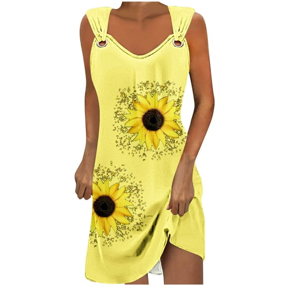 Uaswgudfs Sleeveless V-Neck Fitted Sundress - Summer Dresses for Women 2025 Casual Midi Dress with Sunflower Motifs & Side Slit Yellow XXL