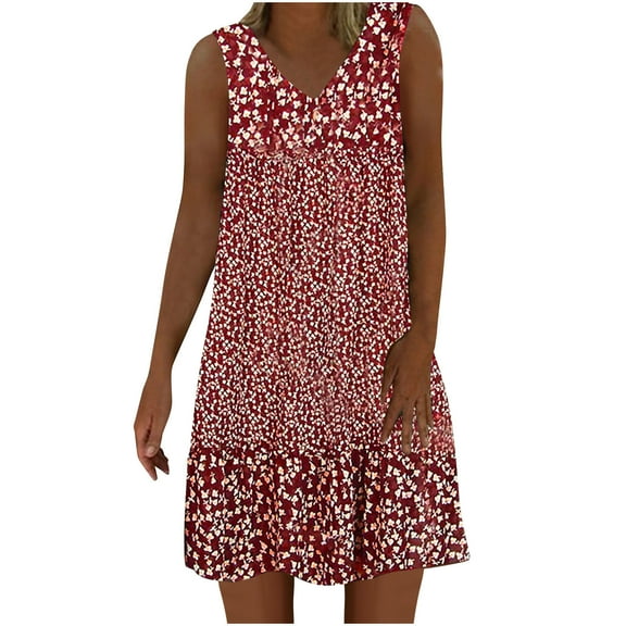 Uaswgudfs Sleeveless V-Neck Floral Print Midi Dress - Casual Summer Dresses for Women 2025 with Lightweight Breathable Fabric Red L