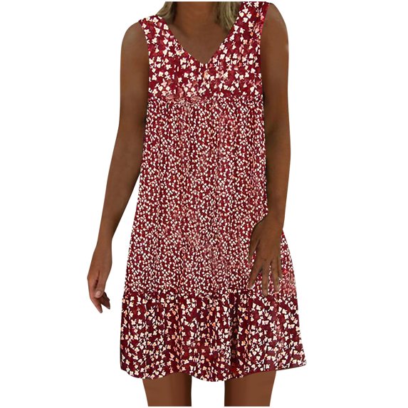 Uaswgudfs Sleeveless V-Neck Floral Print Midi Dress - Casual Summer Dresses for Women 2025 with Lightweight Breathable Fabric Red XL