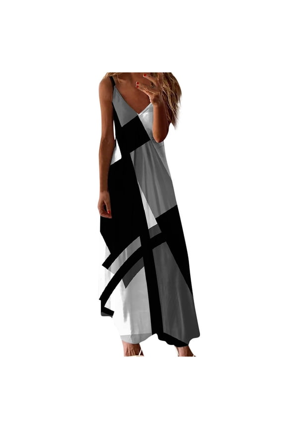 ​Sleeveless V-Neck Floral Summer Dress 2025 - Casual Midi Sundress with Asymmetric Hem & Flowy Design Blue 3XL