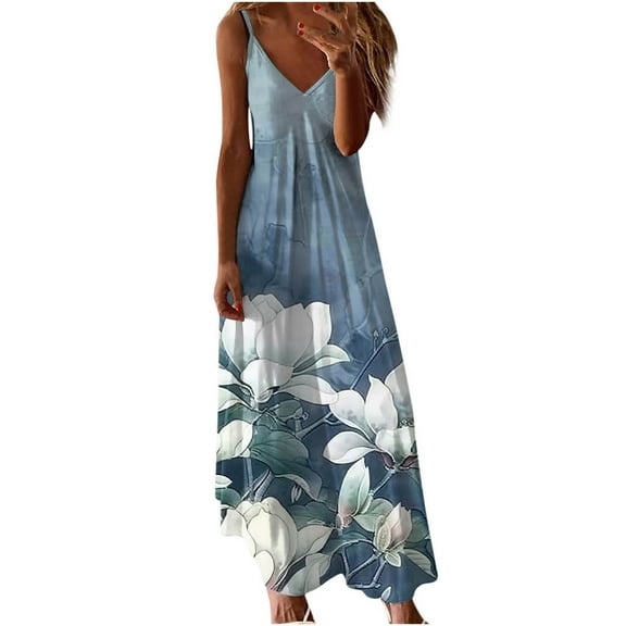 Uaswgudfs ​Sleeveless V-Neck Floral Summer Dress 2025 - Casual Midi Sundress with Asymmetric Hem & Flowy Design Blue-A S