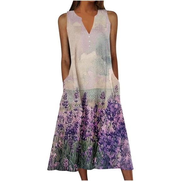 Uaswgudfs Sleeveless V-Neck Midi Dress for Women - Button Front Tank Style with Flowy Summer Casual Hem & Knee-Length Sundress Design