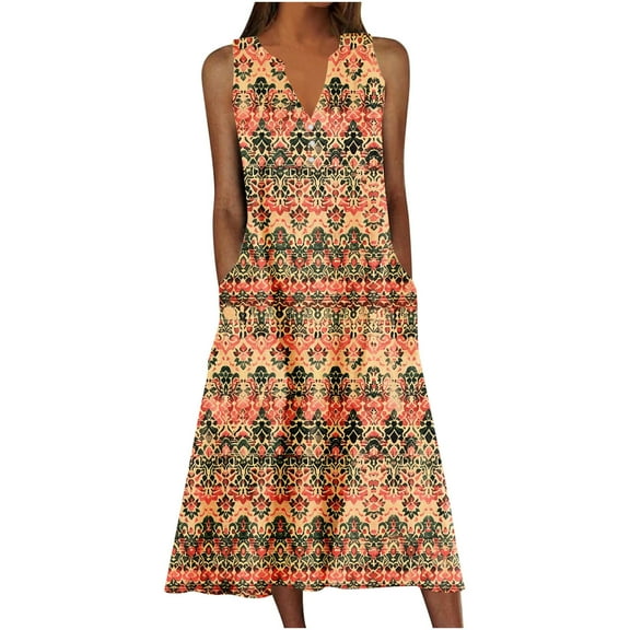 Uaswgudfs Sleeveless V-Neck Midi Dress for Women - Button Front Tank Style with Flowy Summer Casual Hem & Knee-Length Sundress Design