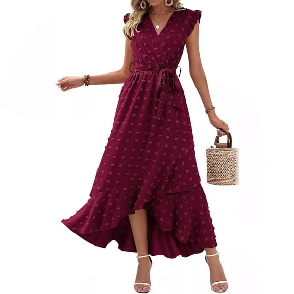 Uaswgudfs Sleeveless V-Neck Wrap Midi Sundress - Summer Dresses for Women 2025 Casual Dress with Ruffled Hem & Self-Tie Belt for Garden Occasions Wine XL
