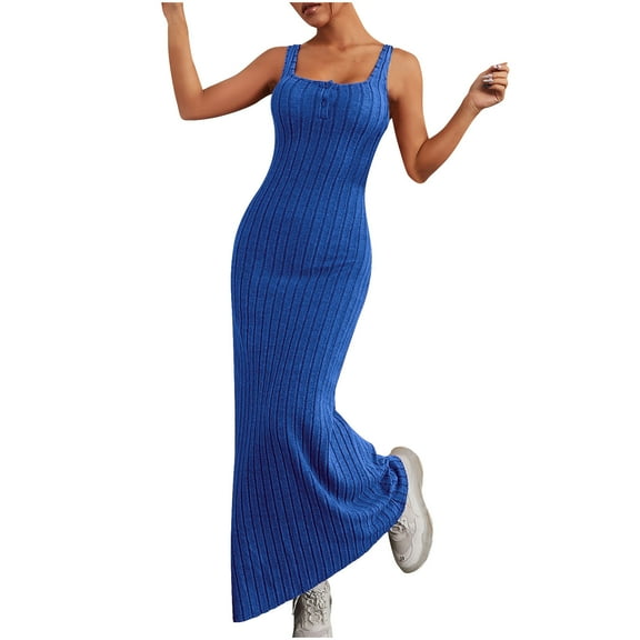 Uaswgudfs Sleeveless Vertical Stripe Midi Sundress - Summer Dresses for Women 2025 Casual Fitted Dress with Slim Straps & Structured Fit Blue S