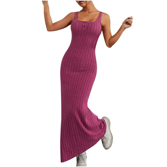 Uaswgudfs Sleeveless Vertical Stripe Midi Sundress - Summer Dresses for Women 2025 Casual Fitted Dress with Slim Straps & Structured Fit Hot Pink M