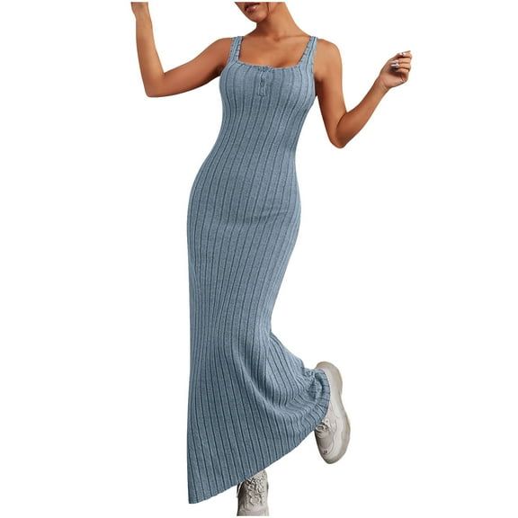 Uaswgudfs Sleeveless Vertical Stripe Midi Sundress - Summer Dresses for Women 2025 Casual Fitted Dress with Slim Straps & Structured Fit Light Blue M