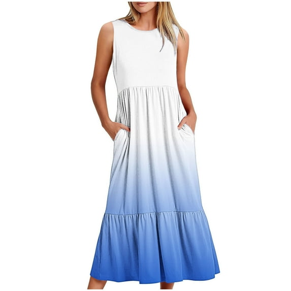 Uaswgudfs Sleeveless Waist-Defined Tiered Sundress - Casual Summer Dresses for Women 2025 with Pockets & Soft Flowy Fabric Blue XL