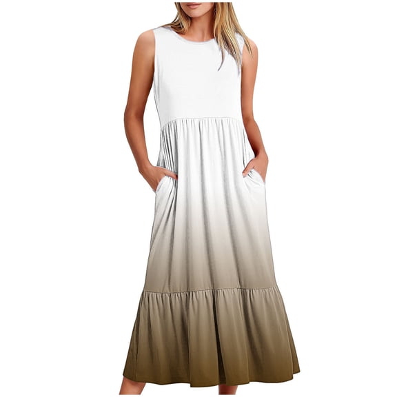 Uaswgudfs ​Sleeveless Waist-Defined Tiered Sundress - Casual Summer Dresses for Women 2025 with Pockets & Soft Flowy Fabric Brown L